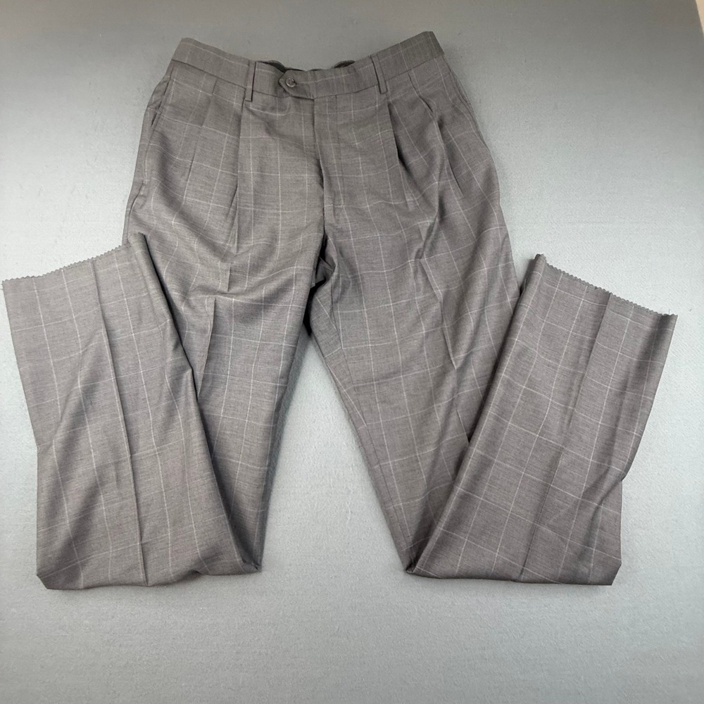 Jos A Bank Signature Collection Pants Men 36 Grey Wool Pleated Windowpane No Hem